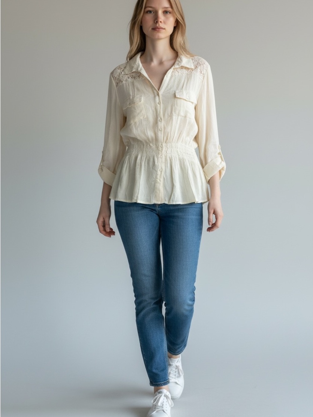 Cream Lace-Yoke Button Front Blouse with Smocked Waist